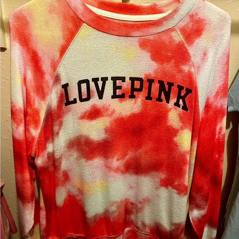 PINK Victoria's Secret Red and Yellow Tie-Dye Long Sleeve Tee